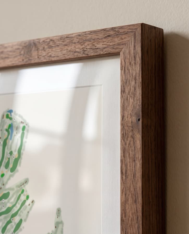 The mitred corner of a walnut frame, close up