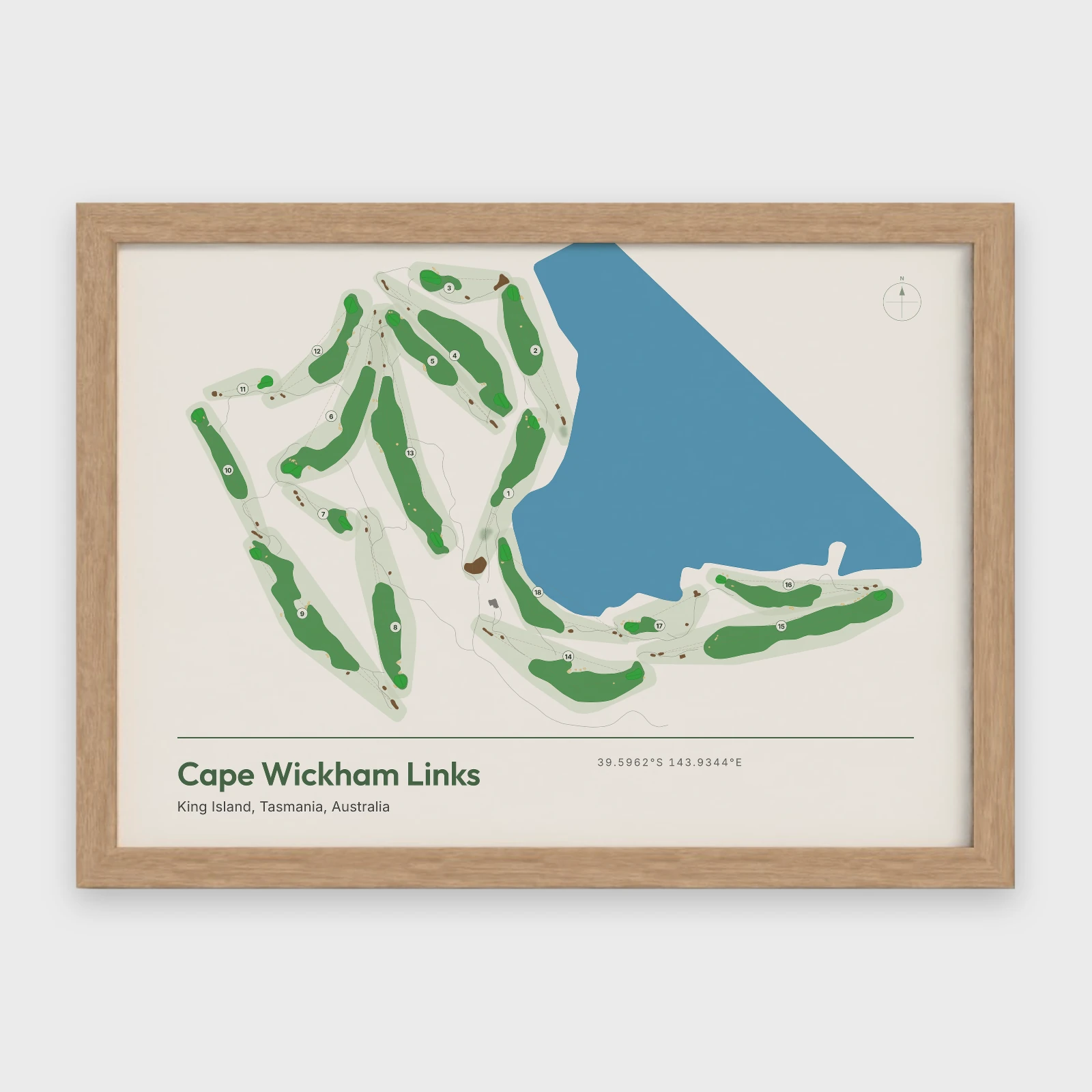 Cape Wickham Links course map in the Natural style, a landscape print in a Natural frame, with the holes wrapped around the water