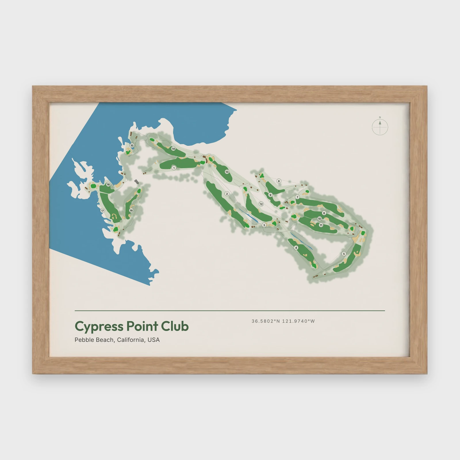 Cypress Point Club course map in the Natural style, a landscape print in a Natural frame, with the holes running out to the Pacific shore