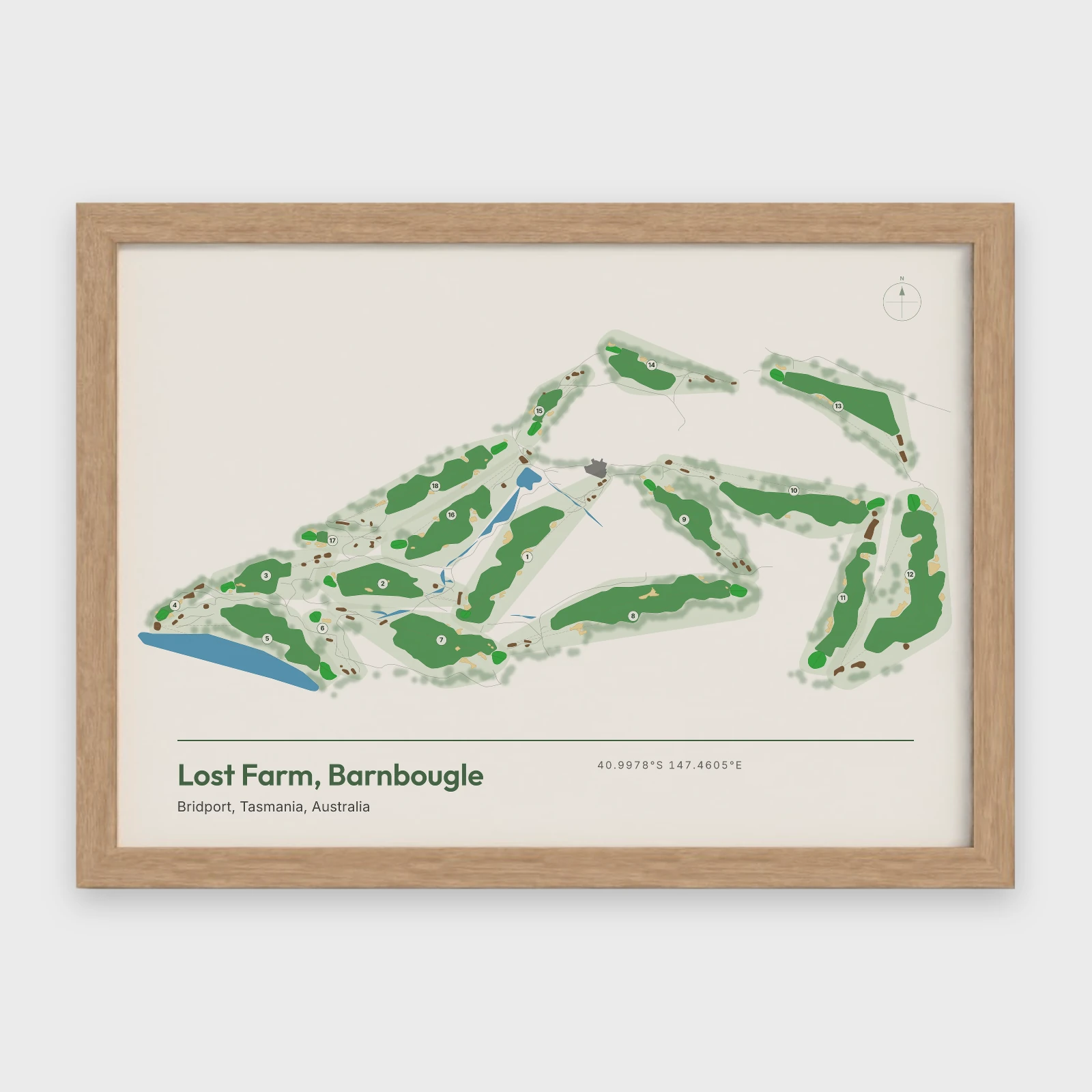 Lost Farm, Barnbougle course map in the Natural style, a landscape print in a Natural frame