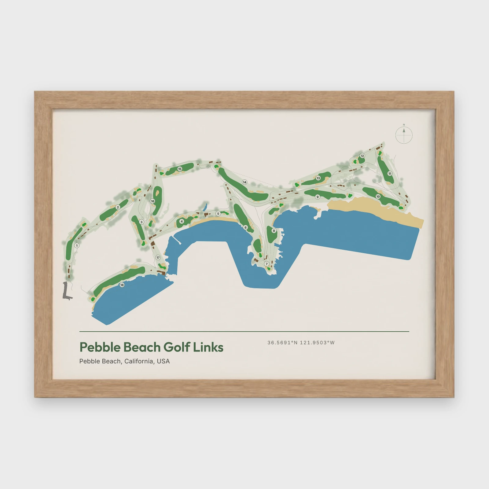 Pebble Beach Golf Links course map in the Natural style, a landscape print in a Natural frame, with the holes along the shore of Carmel Bay