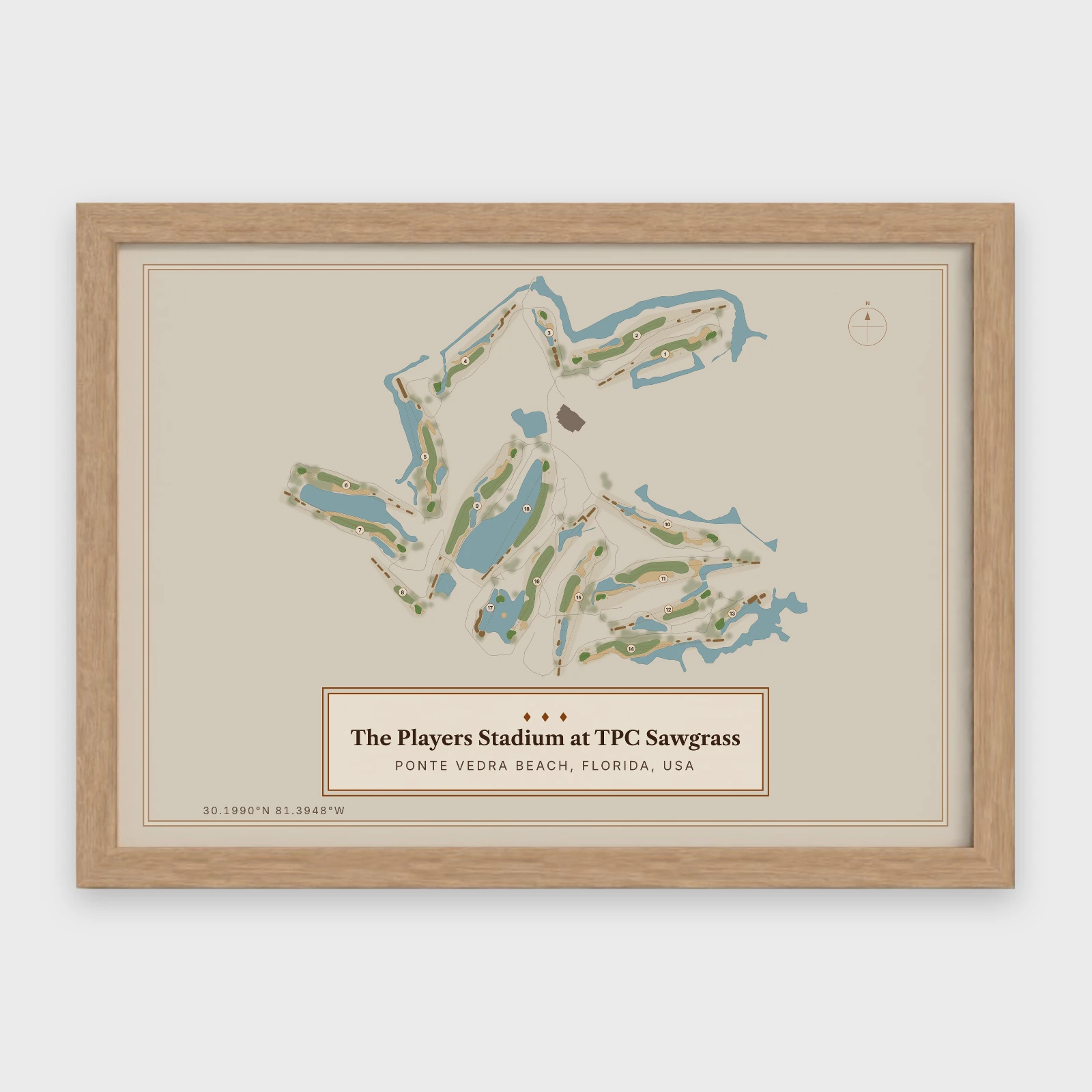 The Players Stadium at TPC Sawgrass course map in the Vintage style, a landscape print in a Natural frame, with the lakes drawn between the holes