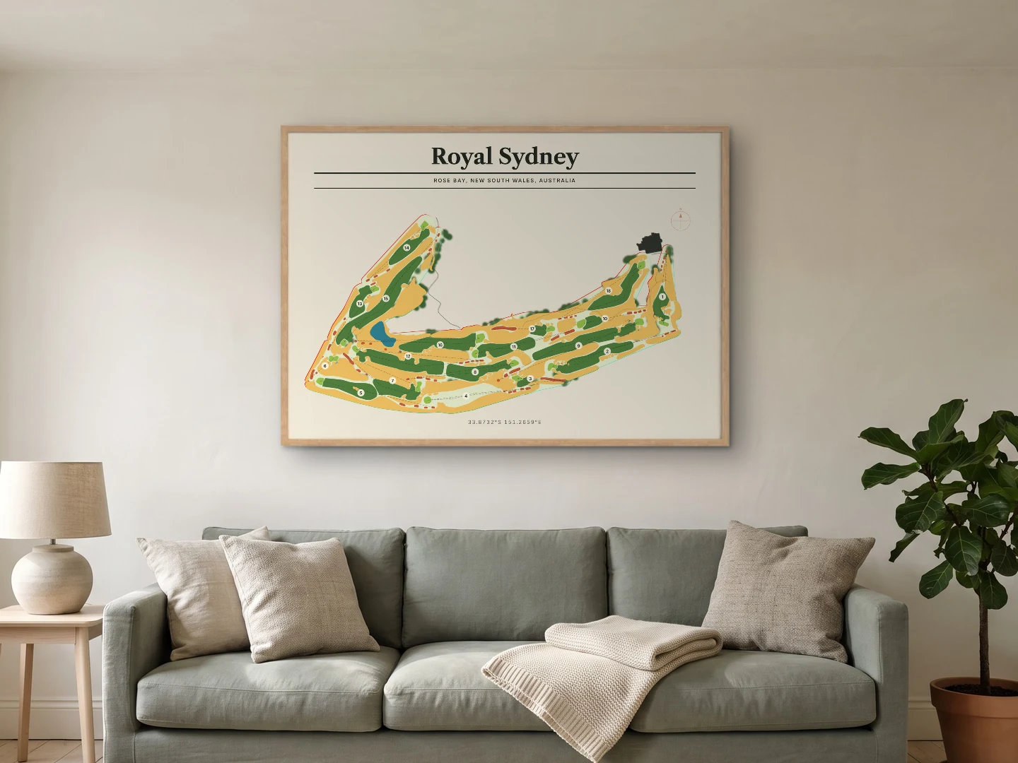 Royal Sydney in the Press style, a landscape print in a Natural frame above a sofa