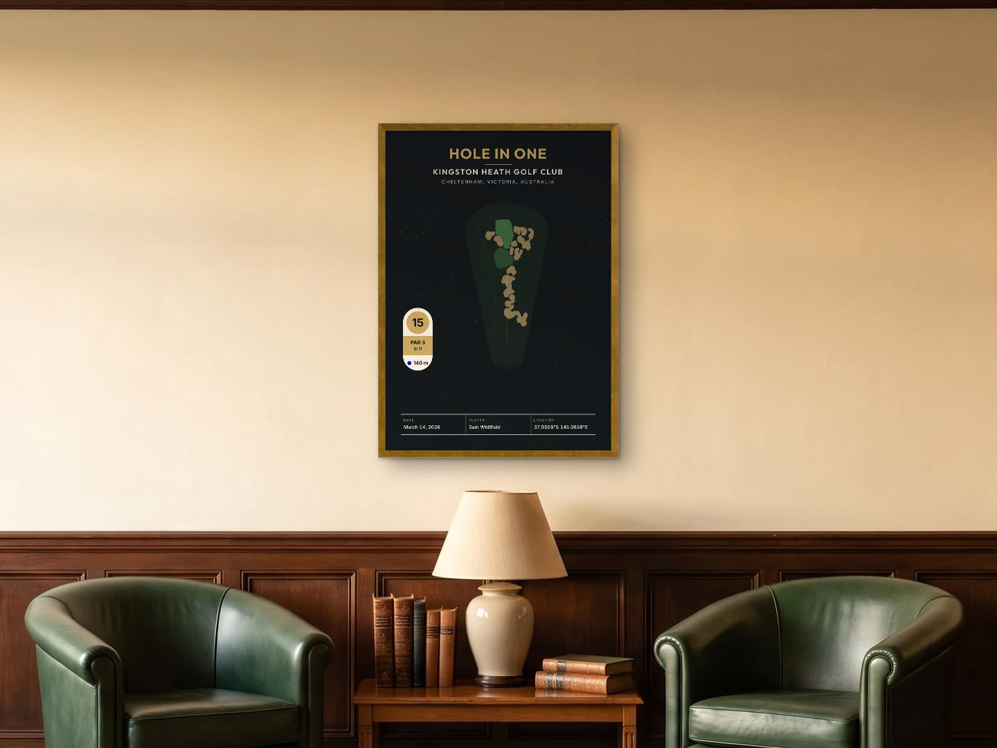 A hole-in-one print of the 15th at Kingston Heath in the Ace style, in an Antique Gold frame on a clubhouse wall