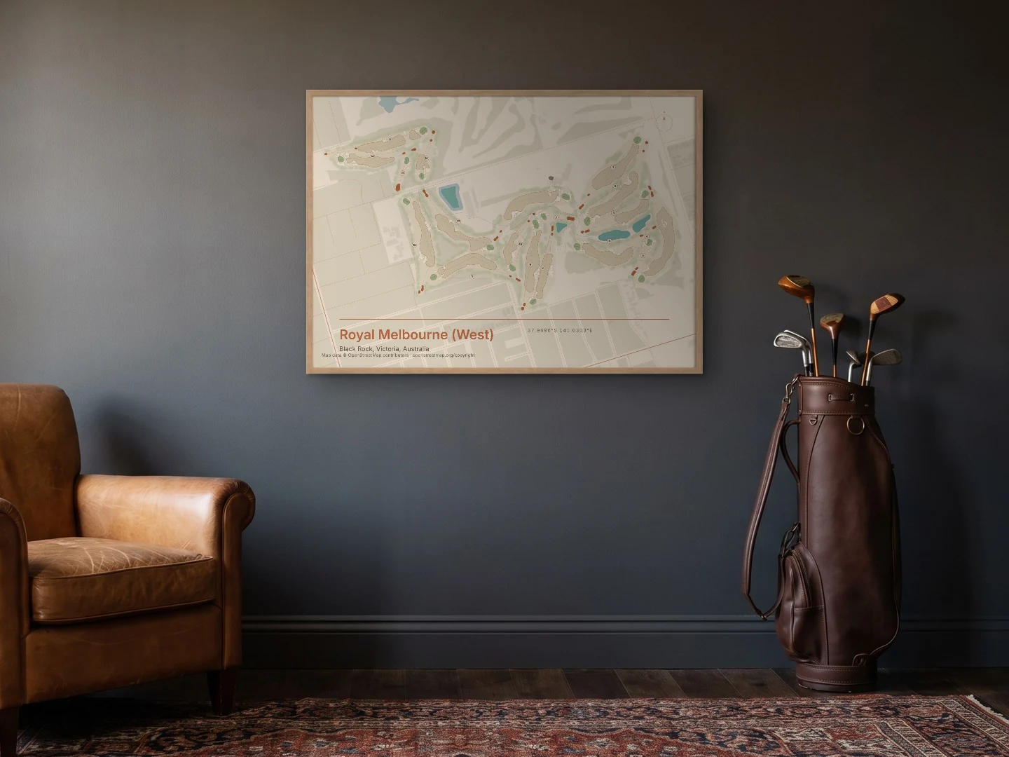 Royal Melbourne (West) in the Terracotta style, a landscape print in a Natural frame in a study